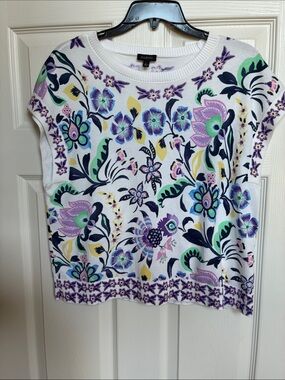 Talbots White Floral Top with Purple, Green & Blue Accents